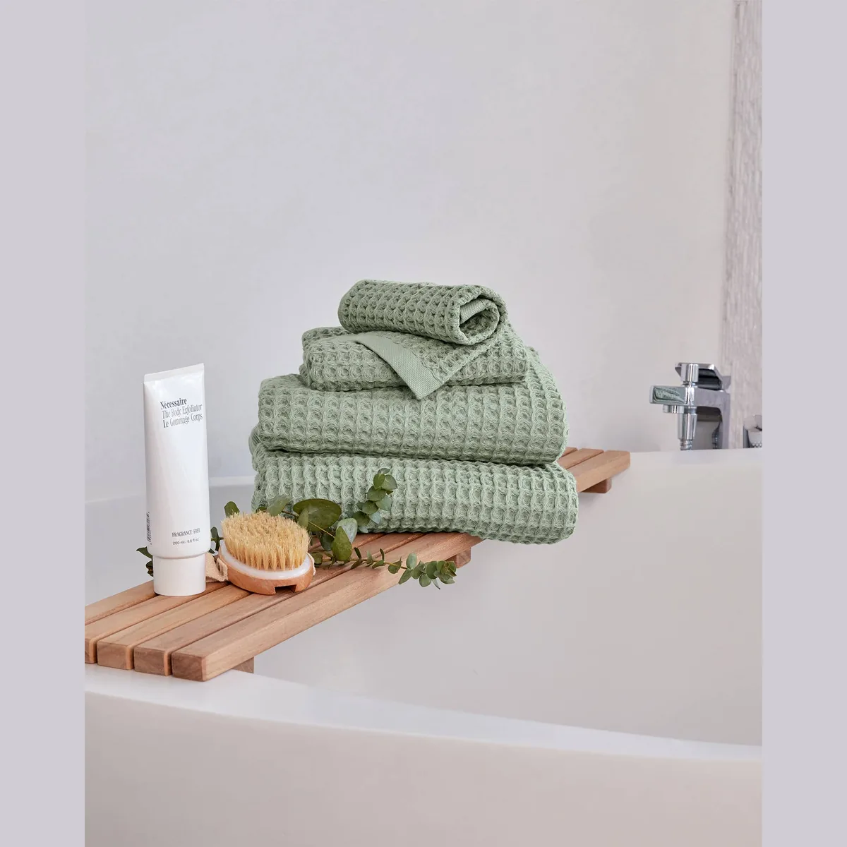 Salbeigrünes Onsen Handtuch-Set in Waffelstruktur
